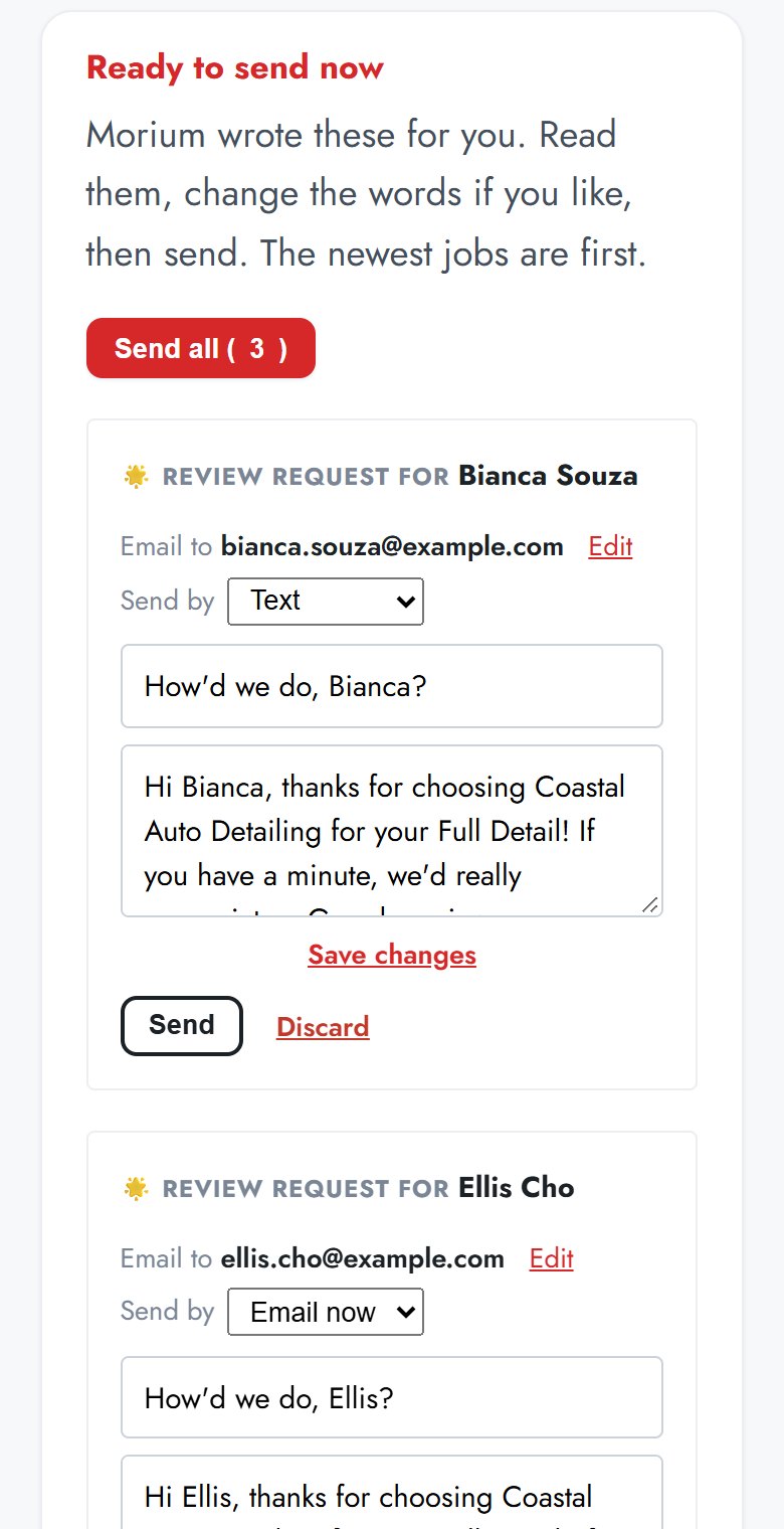 The Follow-ups tab in the Morium app on a phone: a ready-to-send review request for a customer, with a Send by choice of email or text