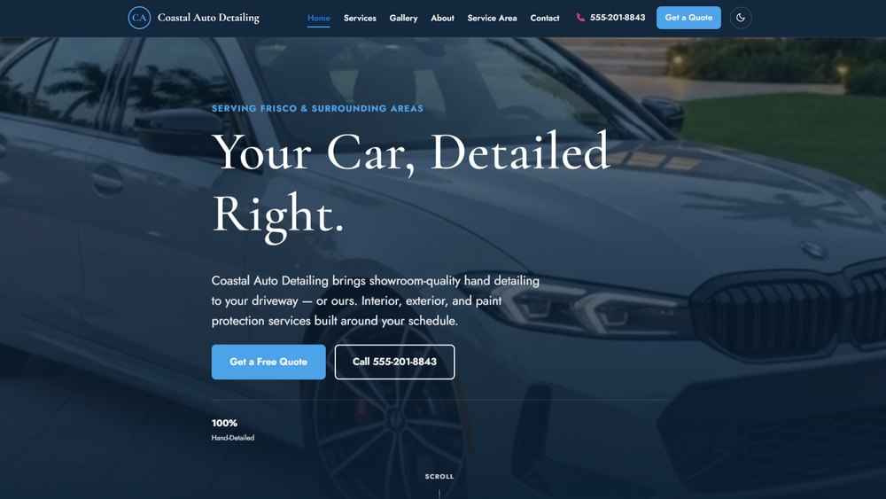 Demo website for a made-up business, Coastal Auto Detailing, showing the kind of site built with Morium's website add-on